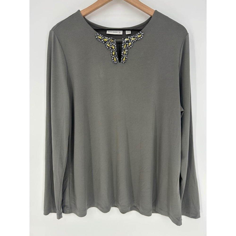 Susan Graver Gray Liquid Knit Longsleeve Size‎ Large Top W/Rhinestone Neckline